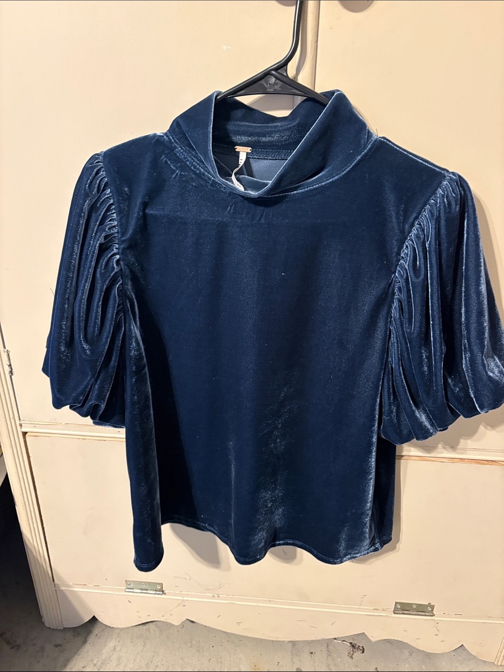 Free People Midnight Blue Velvet Puff-Sleeve Mock Neck Top